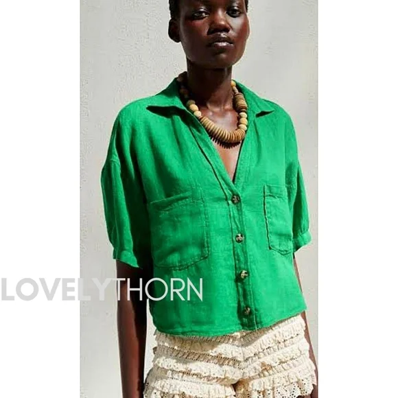 ZARA // kelly green chest pockets button down linen relaxed fit blouse - Picture 2 of 7